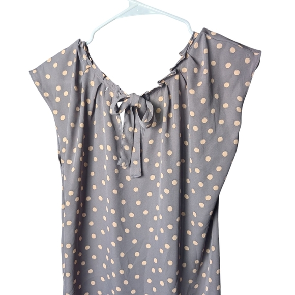 Lc Lauren Conrad Polka Dot Cap Sleeve Women's Large Blouse Gray Cream Tie Back - Picture 2 of 6